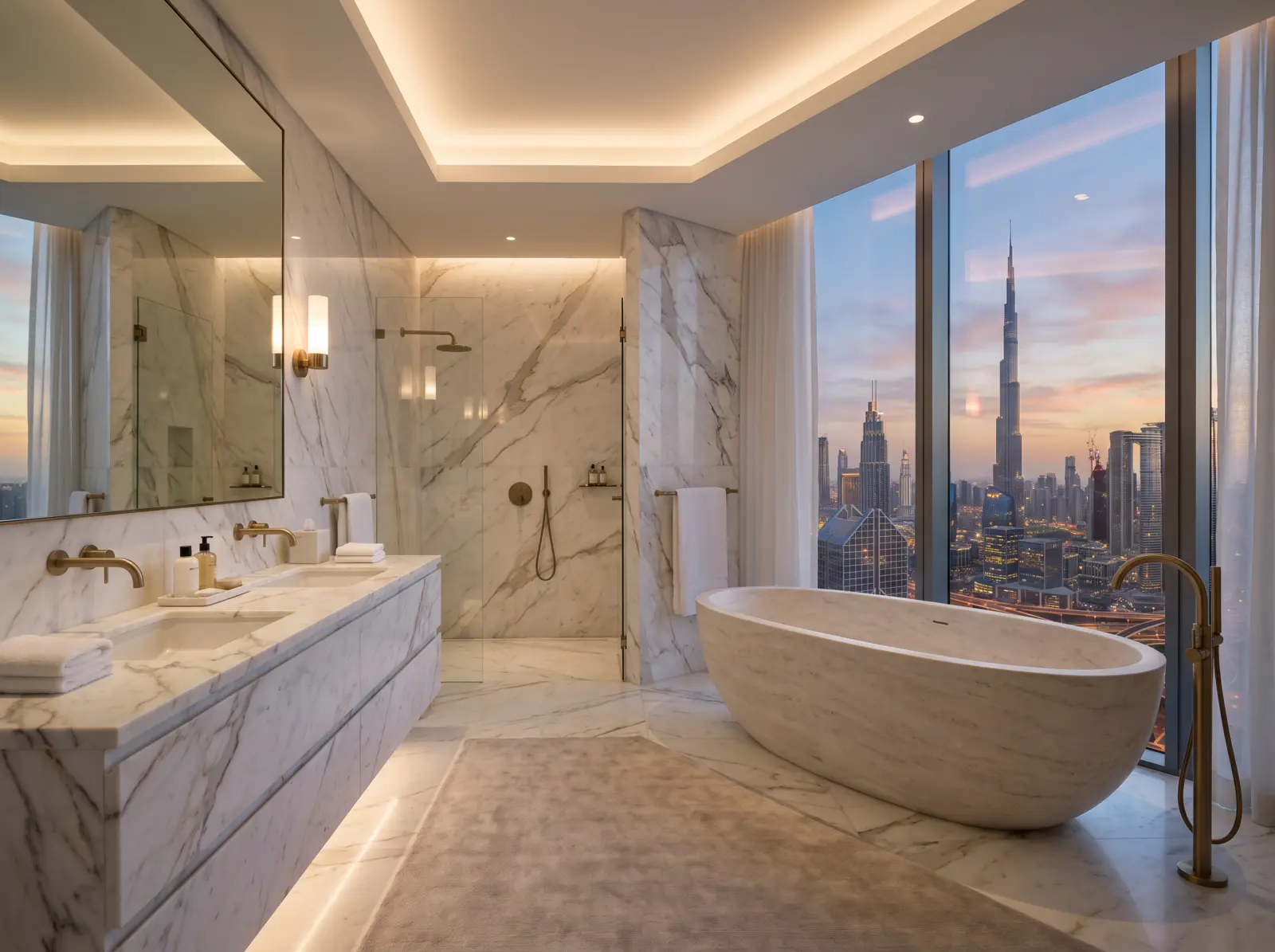 Master bathroom in white marble with twin basins, freestanding bathtub and a skyline window