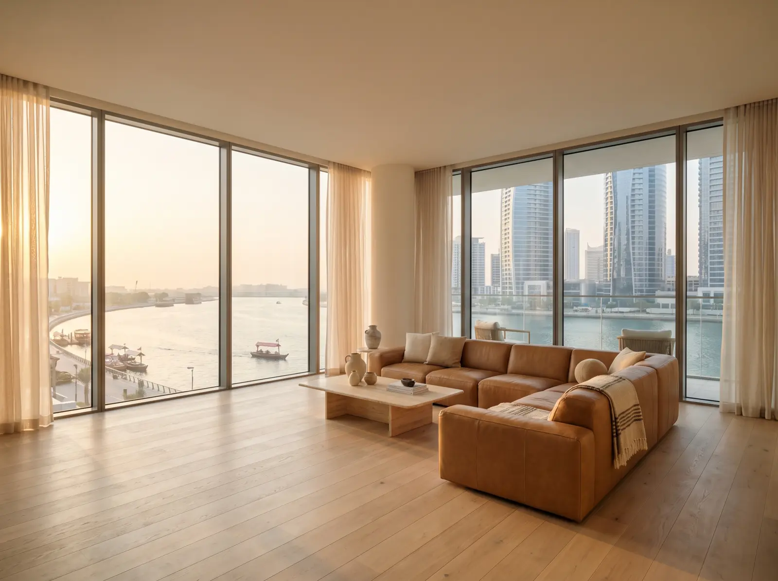 Bright open-plan living room with tan leather seating and full-height corner glazing over the canal