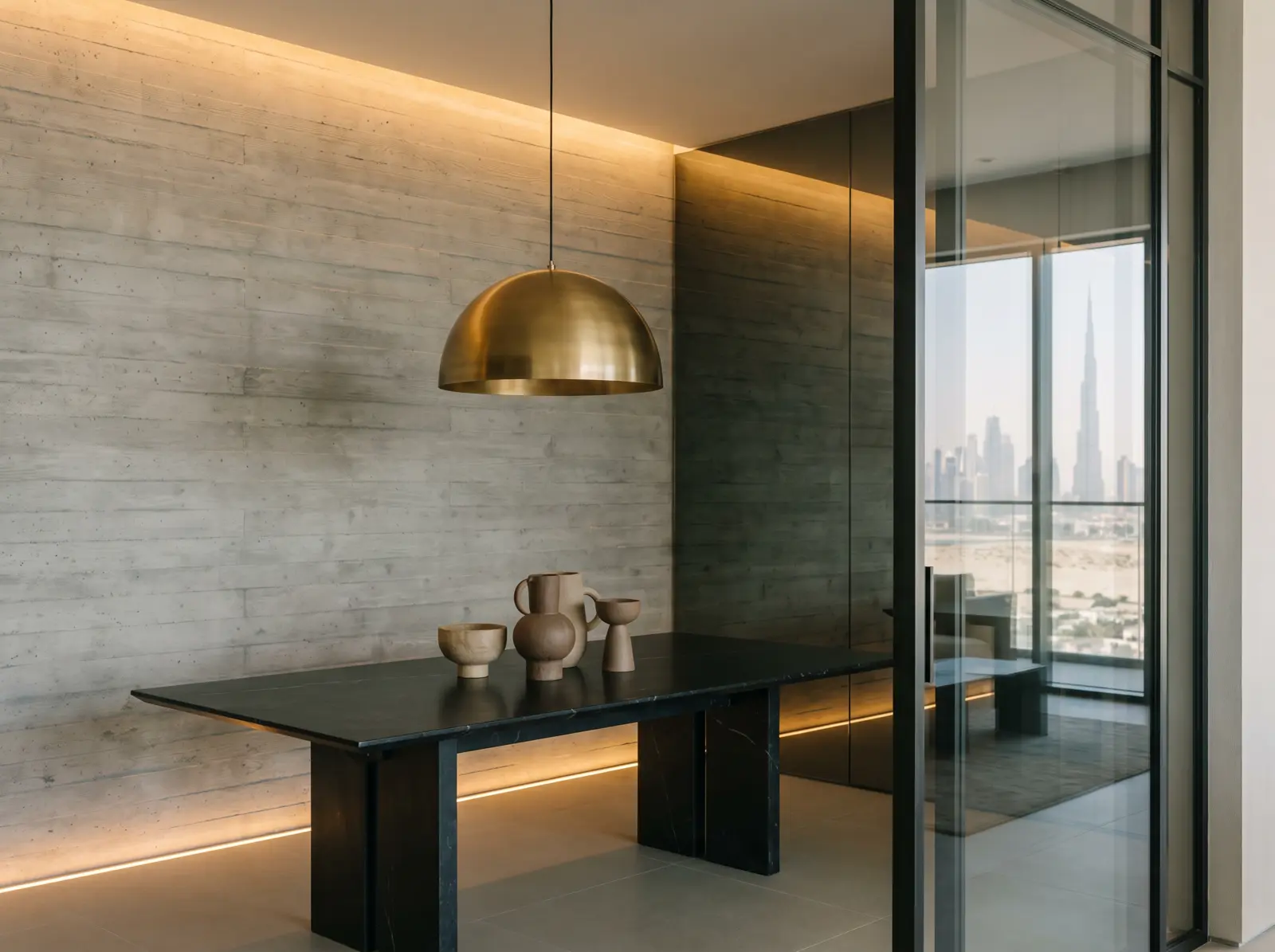 Dining space with a black stone table against a board-formed concrete wall and brass pendant light