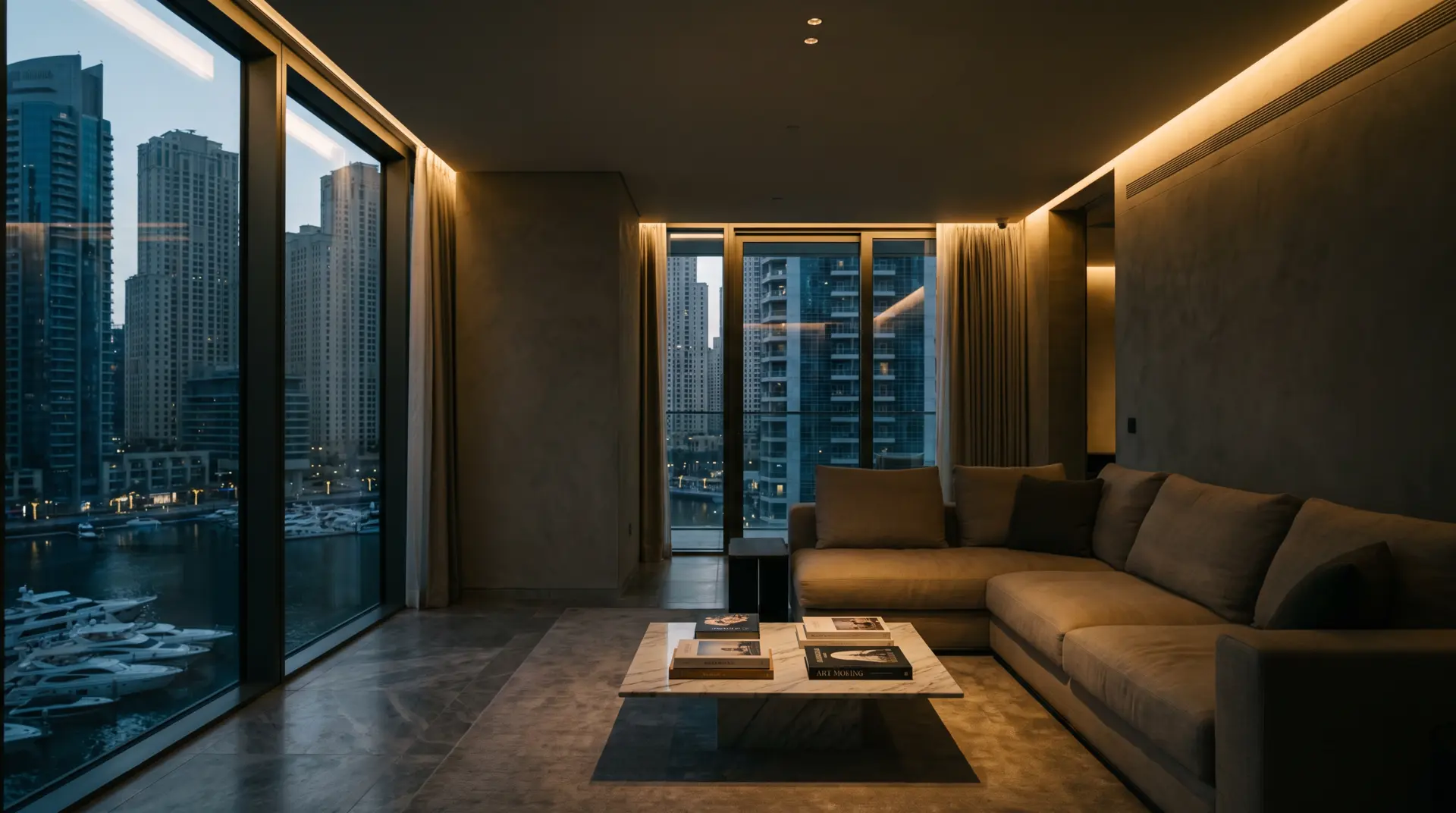 Open-plan living room of a Dubai Marina apartment at dusk, floor-to-ceiling glazing onto lit towers